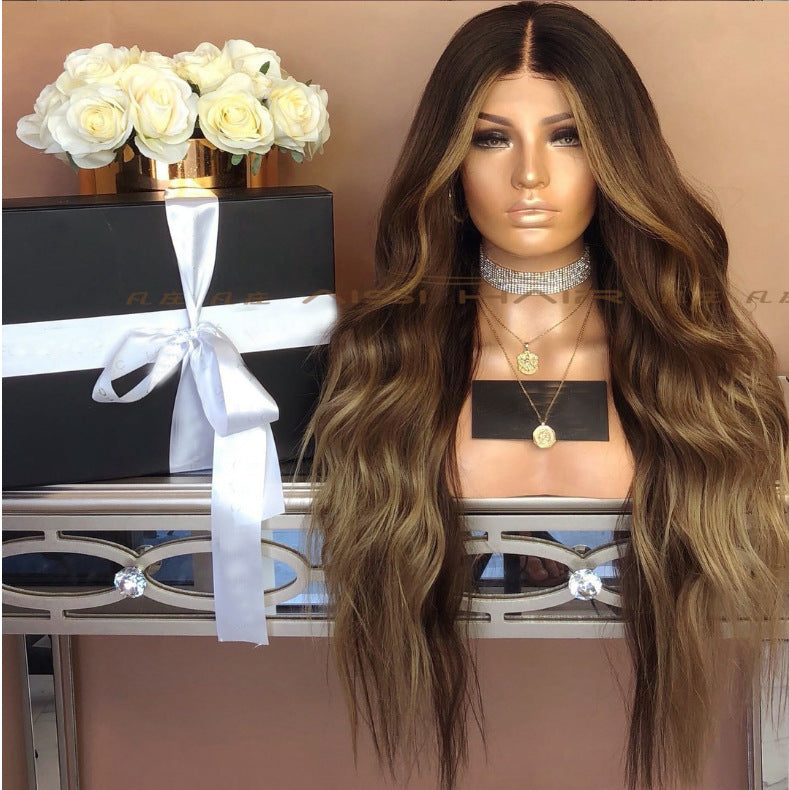 Wholesale Middle-parted gradient yellow long curly hair women's big wave rose net wig